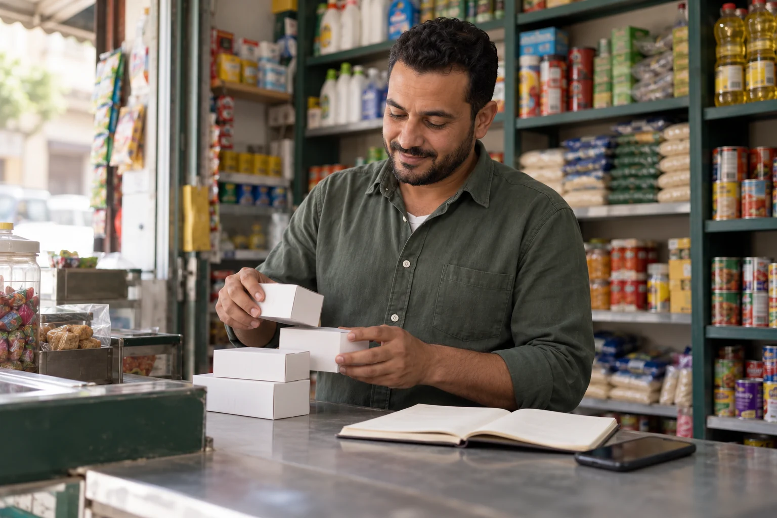 صاحب محل صغير يرتّب بضاعته على الكاونتر